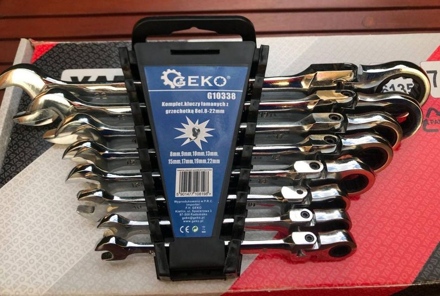 Набор ключей комбинированных шарнирно-трещоточных 8 предметов GEKO G10338 Слесарный инструмент 8-22мм Poland G10338 фото