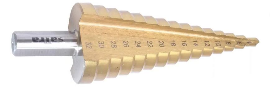 Сверло ступенчатое 4-32мм HSS SATRA S-SD432 Слесарный инструмент Хвостовик 10мм Общая длина 107мм 15 степеней S-SD432 фото