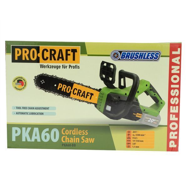 Аккумуляторная бесщеточная цепная пилка Procraft PKA60 (20В 4 А/час) Автоматическая смазка цепи PKA60_1akb фото