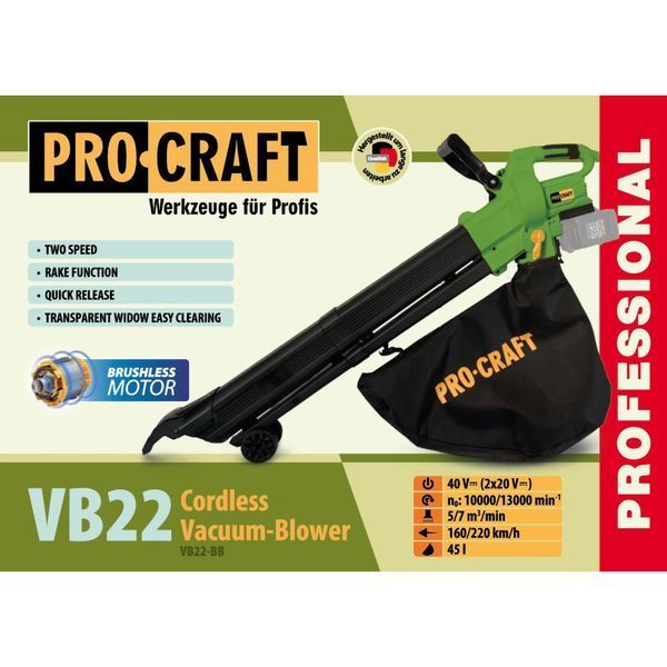 Акумуляторний повітродув-пилосос Procraft VB22, 40В (2&times;20В), безщітковий, з функцією мульчування, без АКБ та ЗУ VB22_bb фото