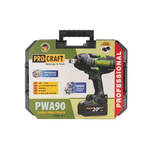 Акумуляторний ударний гайковерт Procraft PWA90, безщітковий, 2100 Нм, 1 АКБ 8 Аг + ЗП PWA90 фото