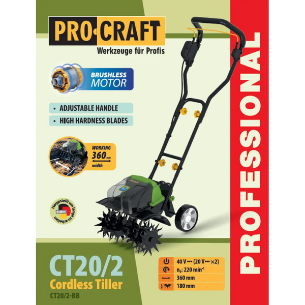 Акумуляторний культиватор Procraft CT20/2, 40V (2&times;20V), 2&times;8Ah, ширина 360 мм, глибина 180 мм, з АКБ і подвійним ЗП CT20/2_2akb(8AhMax) фото